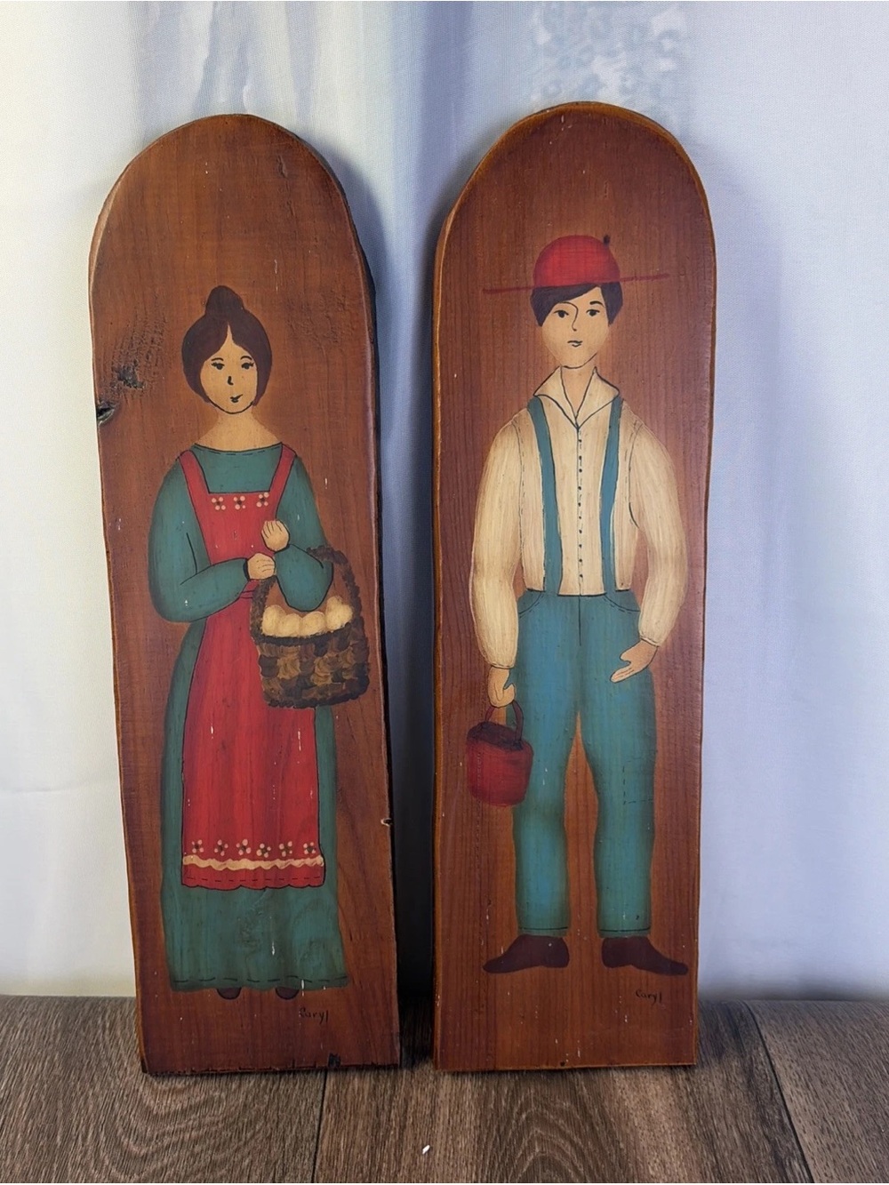 Set (2) Hand Painted Wooden Wall Folk Art Primitive Man & Woman Farmhouse Signed